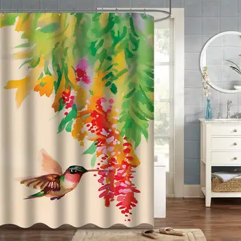 

Hummingbird and Exotic Flowers Fabric Shower Curtain, Colibri Drinking from Tree Blooms, Watercolor Effect with Green, Red,