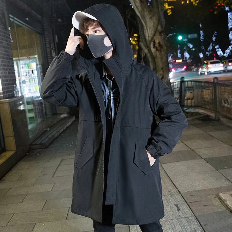 

Winter New Windbreaker Men Fashion Solid Color Casual Long Hooded Jacket Man Streetwear Wild Loose Coat Male Clothes M-3XL