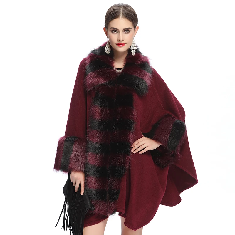 lapel burgundy red Модное роскошное пальто-накидка из искусственного лисьего меха с отворотом, длинный вязаный кашемировый кардиган, накидка, женские зимние вечерние пальто-накидка - Цвет: lapel burgundy red