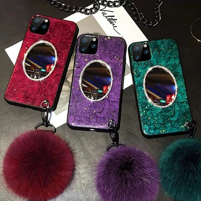 

case for iPhone 11 XR 7 8 11 Pro Max X XS Max Plus 6 6s cover Rhinestone Mirror gold foil with hair ball belt