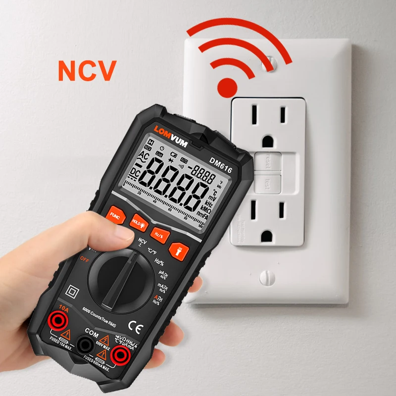 LOMVUM Multimeter DM616 NCV Digital Multimeter 6000 counts Auto Ranging AC/DC voltage Meter Flash light Back Large Screen Tester