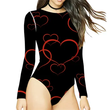 

Women Summer Wear Ladies Long Sleeve Bodysuit Girl Compression Performance Heart Slim Fit Rompers Bodycon Jumpsuits