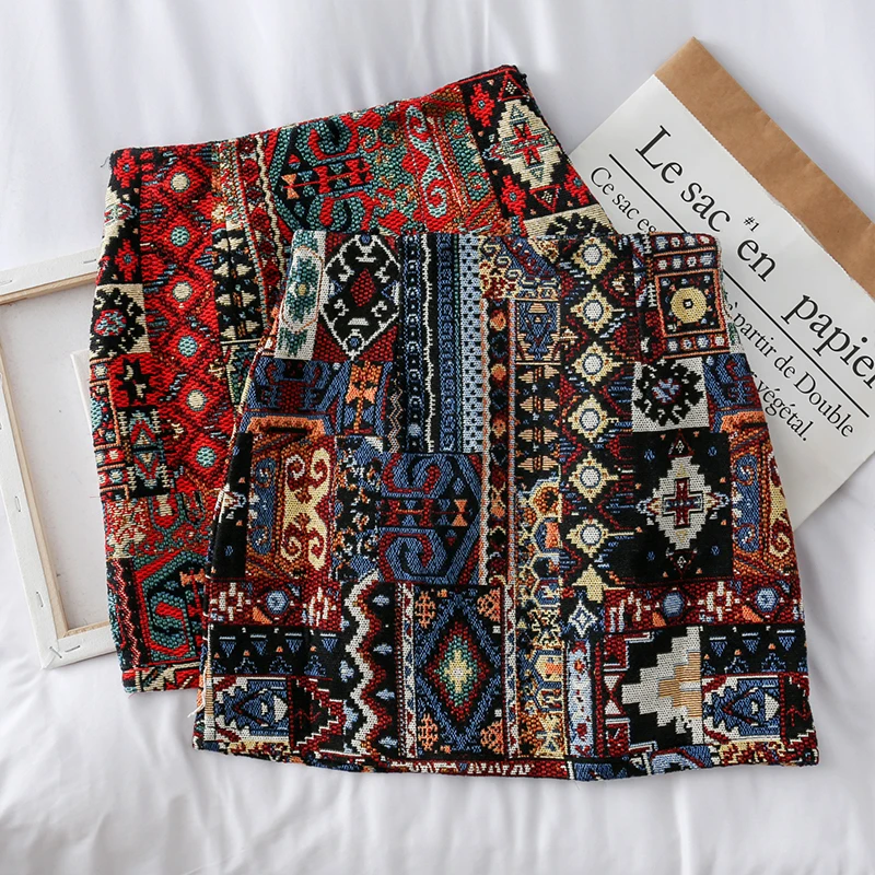 2020 Skirts Woman Boho Embroidery High Waist Mini Skirt Vintage Literary Girls Chic Pattern A-line Wrap Skirts