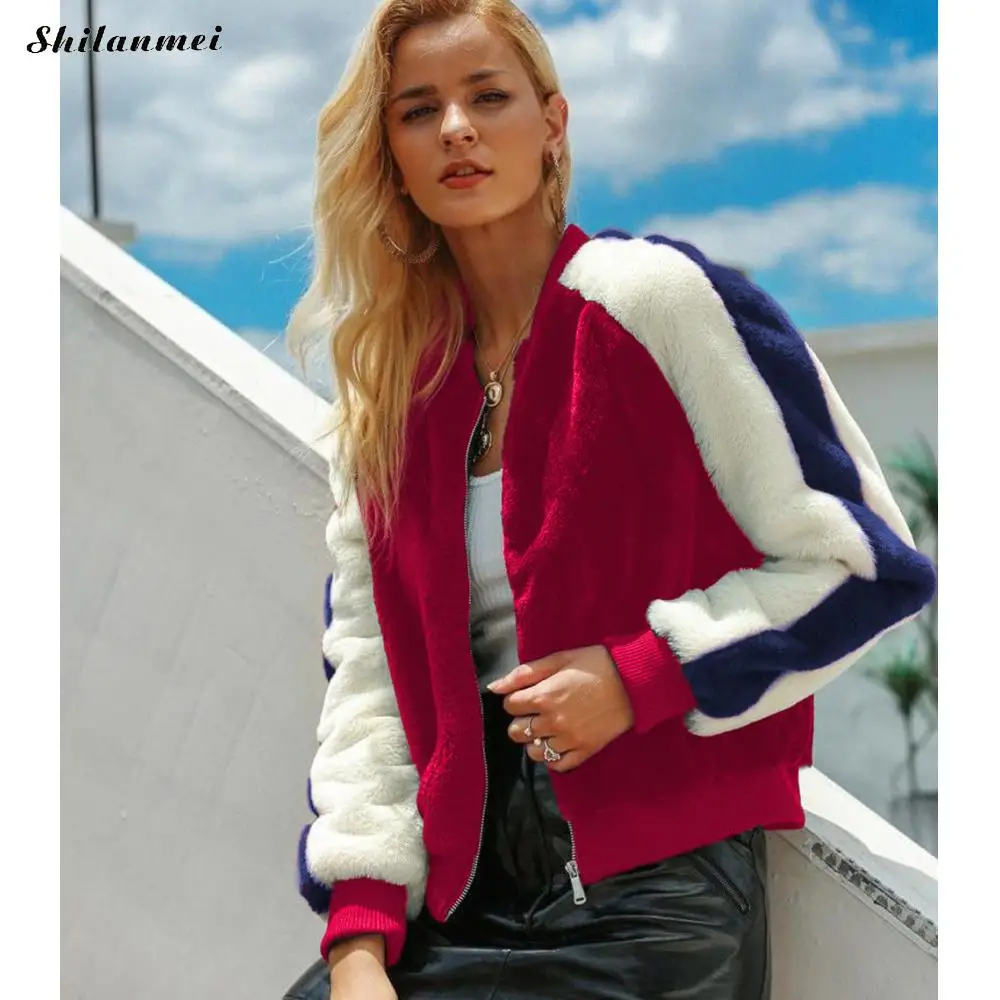 Women's Plush Bomber Jacket Women Winter Warm Zipper Fleece Classic Color Patchwork Casual Coat Fashion Ladies Outwear | Женская