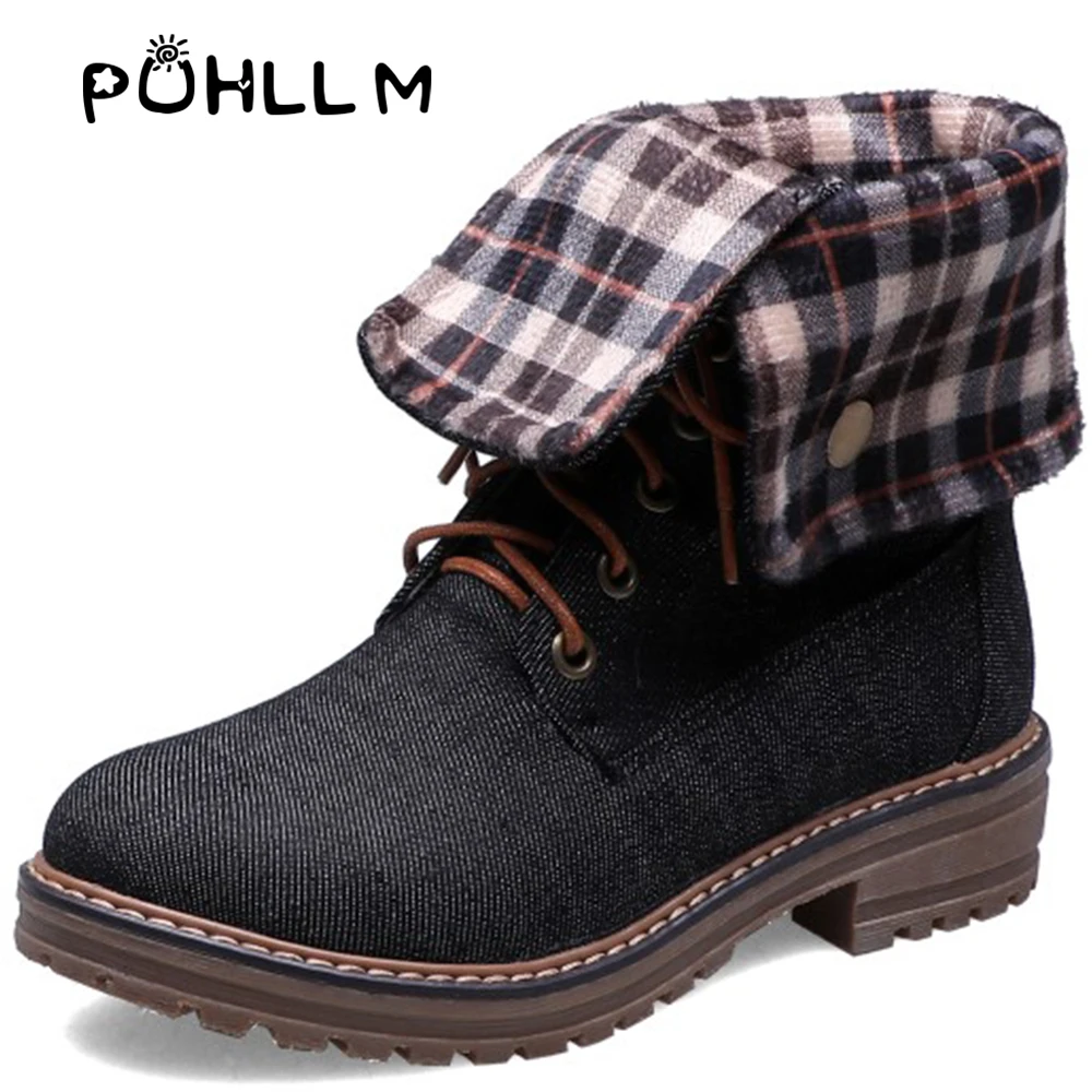 

PUHLLM Hot Boots 2019 New Martin Boots Short Boots with Winter Round Head Flat with Solid Color Lace Casual Martin BootsF22