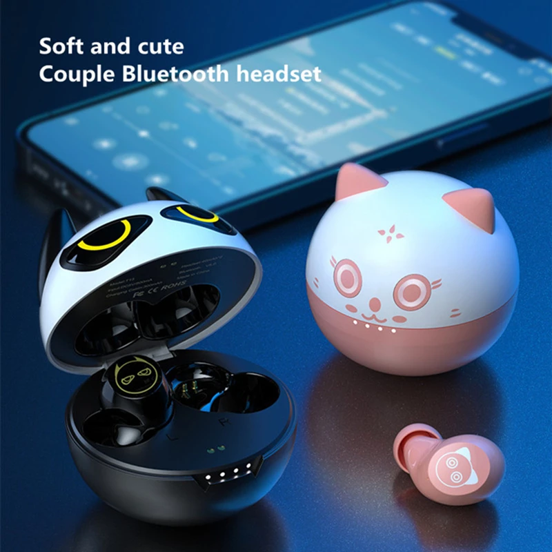 Pink Cute Cat Wireless Earphones Bluetooth 5.0 TWS Headset Macaron Earbuds With Mic Charging Box IPX7 Waterproof | Электроника