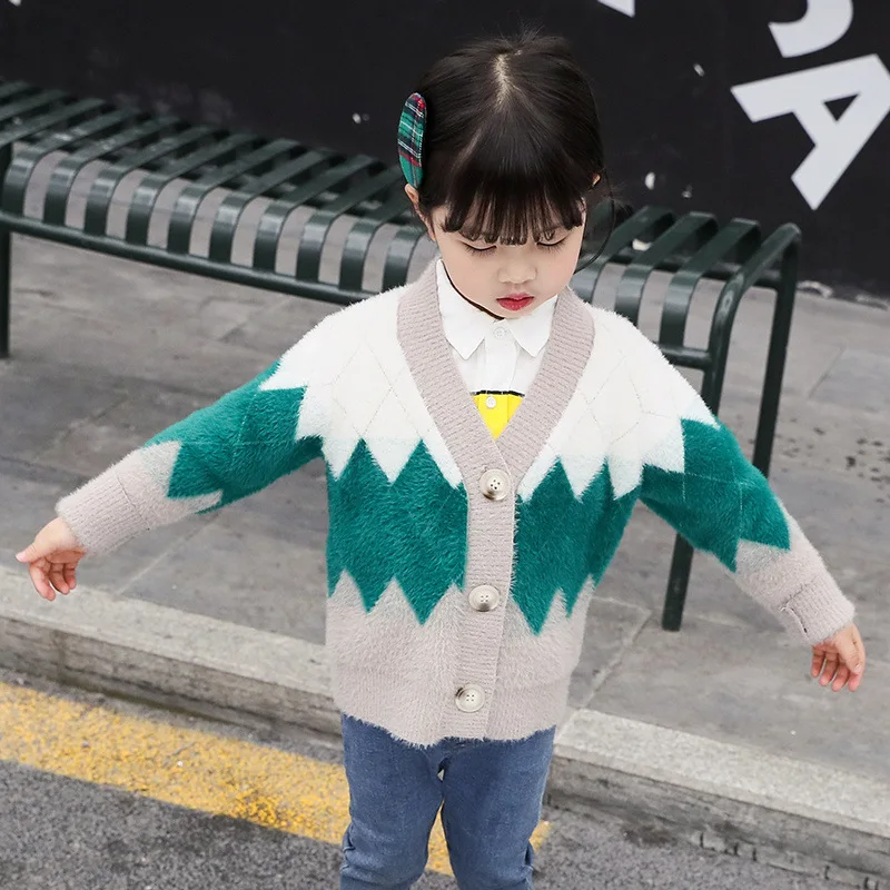 

Girls Autumn Coat 2019 Korean-style New Style Children Faux Mink Cashmere Mixed Colors Skin Comfortable Knitted Cardigan Sweater
