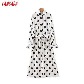 

Tangada fashion women black dots print white dress 2020 new arrival Long Sleeve Ladies classic midi Dress Vestidos SL01