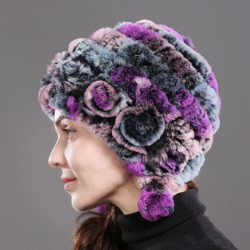 colorful 3 Новые зимние женские натуральные шапки из меха кролика рекс ручной вязки Настоящий мех кролика шапки Настоящий мех кролика Skullies Beanies Hat - Цвет: colorful 3
