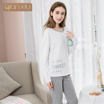 

Qianxiu Pajamas Ladies Autumn Women Cotton Home Round Collar Sleepwear Set Letter Wave Point Printing Pyjamas Famale Sets