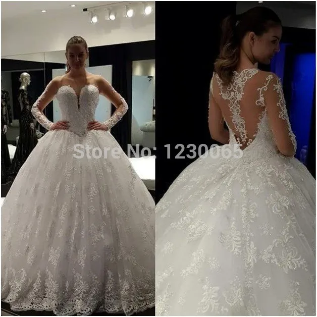 Glamorous Sheer Hals Applique Bruidsjurk backless Lace Lange Mouwen Baljurk 2018 robe de mariage moeder van de bruid jurken Glamorous Sheer Hals Applique Bruidsjurk backless Lace Lange Mouwen Baljurk 2018 robe de mariage moeder van de bruid jurken