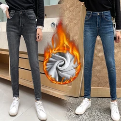 Inverno grosso mais de veludo das mulheres cintura alta jeans magros simples velo quente magro ajuste estiramento senhoras casual denim lápis calças