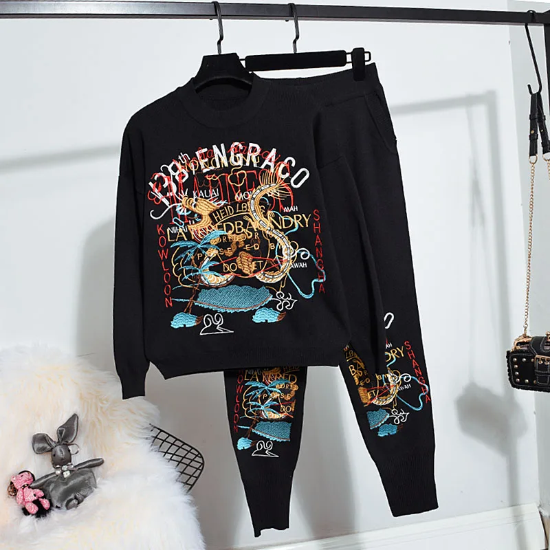 

Embroidery Letter Knitted Set Women Autumn Long sleeve Sweater Pencil Pants Women Two Piece Outfits Casual Loose Knitwear Suit