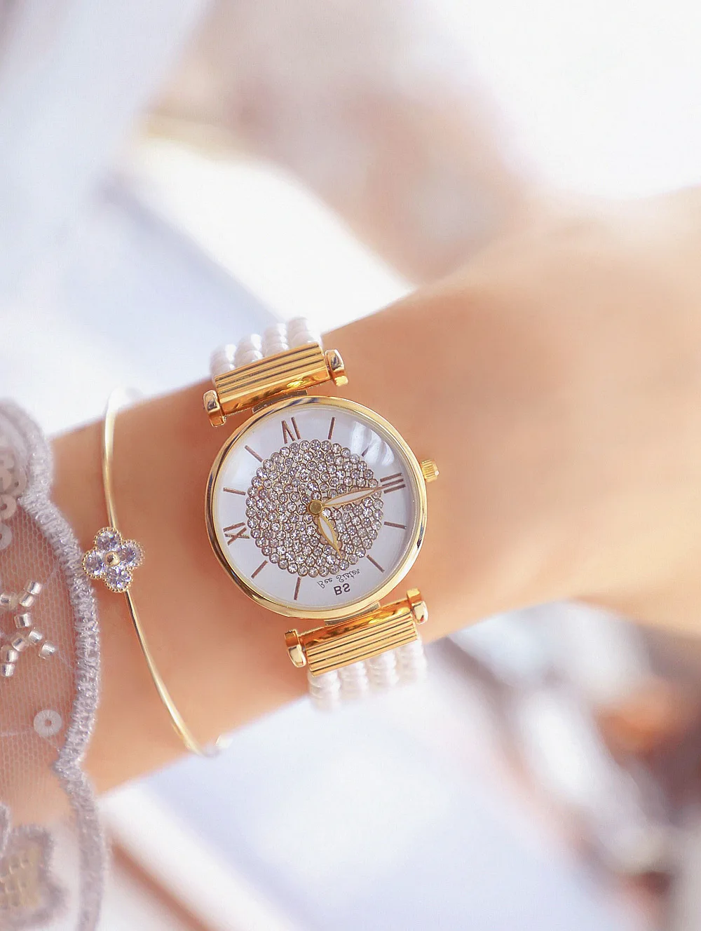 Новые Роскошные Жемчужные женские часы с браслетом женские золотые повседневные женские кварцевые часы браслет часы reloj mujer montre femme