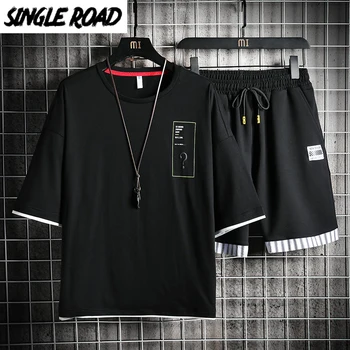 

SingleRoad Men's Tracksuit Men Clothing 2020 Black Patchwork Punk Streetwear T-shirt Shorts Sportswear Hip Hop 2 Pieces Set Male