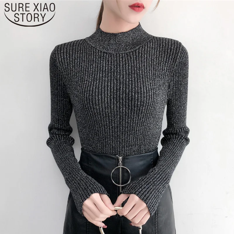 

Slim Solid Women Sweater Autumn Long Sleeve Semi-high Collar Korean Sweater Women Bright Silk Sweater Thick Pullover 6040 50