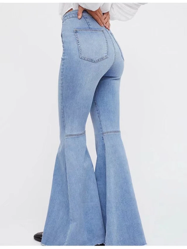 

High Waist Blue Stretch Flare Jeans Bottoms Women's Bell Elastic Patchwork Denim Clothes Jeggings Ladies Pants Vintage 0099