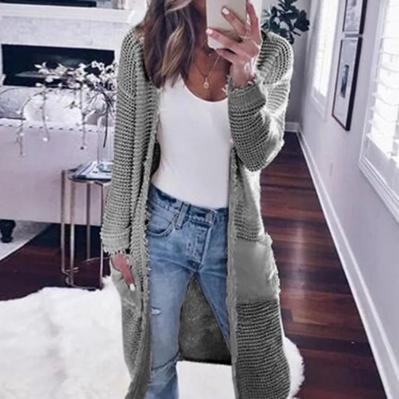 

Loozykit Women long knit sweater warm sweater female models women's casual solid color sweater tassel pocket sweater top 2019