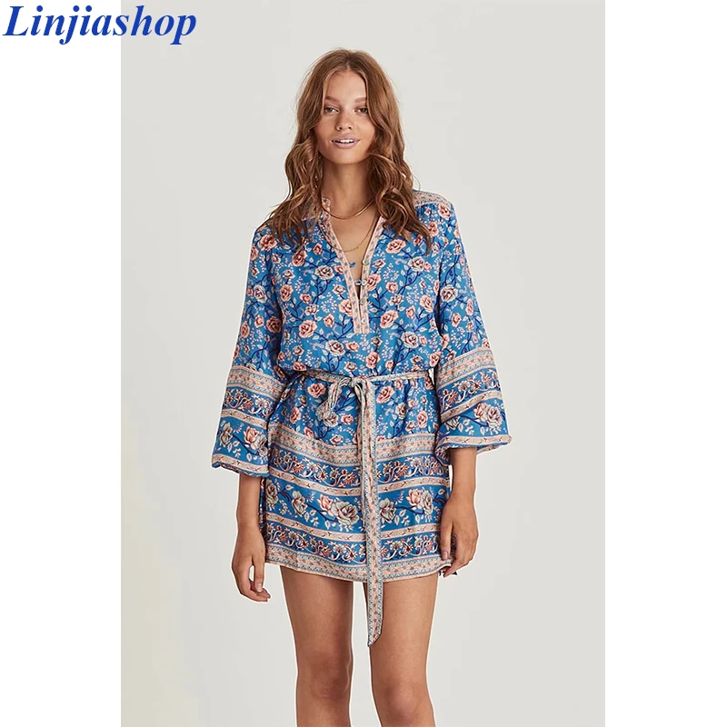 Женское богемное мини-платье Linjiashop Осеннее винтажное короткое платье с длинным
