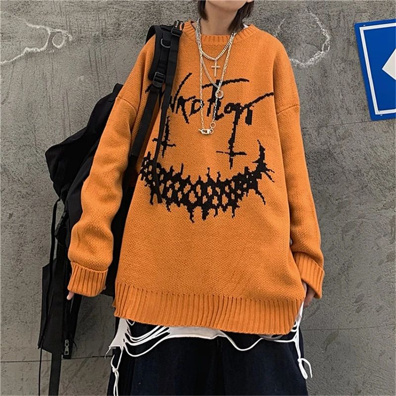

Halloween Punk Unisex Sweater 2020 Women Cartoon Pumpkin Smile Letter Oversize Loose Pullover Sweaters Autumn Winter Knitwear
