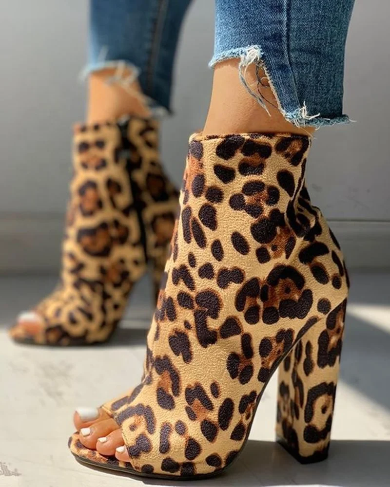 Botas de leopardo de piel de serpiente para botines abiertos con punta redonda y tacón alto talla grande 43 - AliExpress Calzado