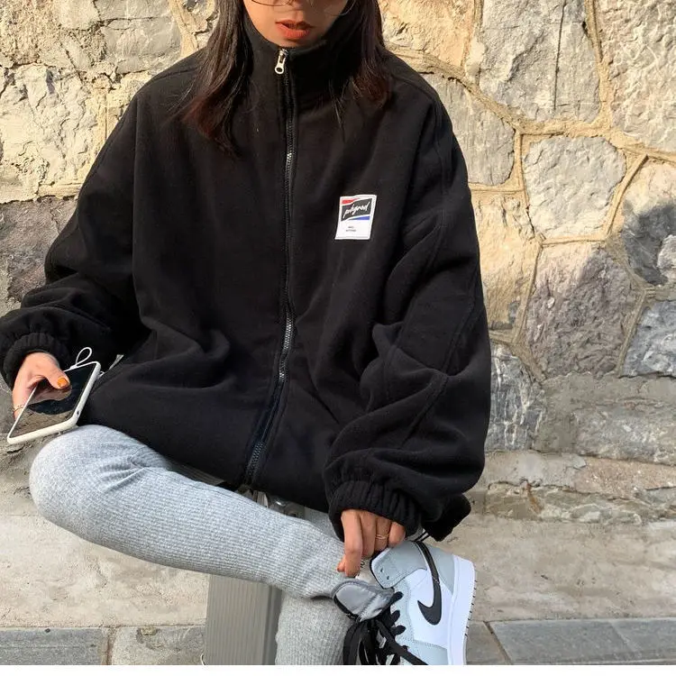 Women Fleece Jacket Bf Style Zip-up 