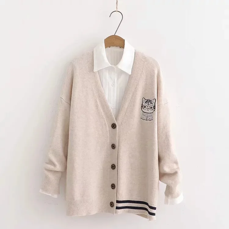 

autumn and winter cute cat embroidery sweater mori girl cardigan sweater coat QJR60618