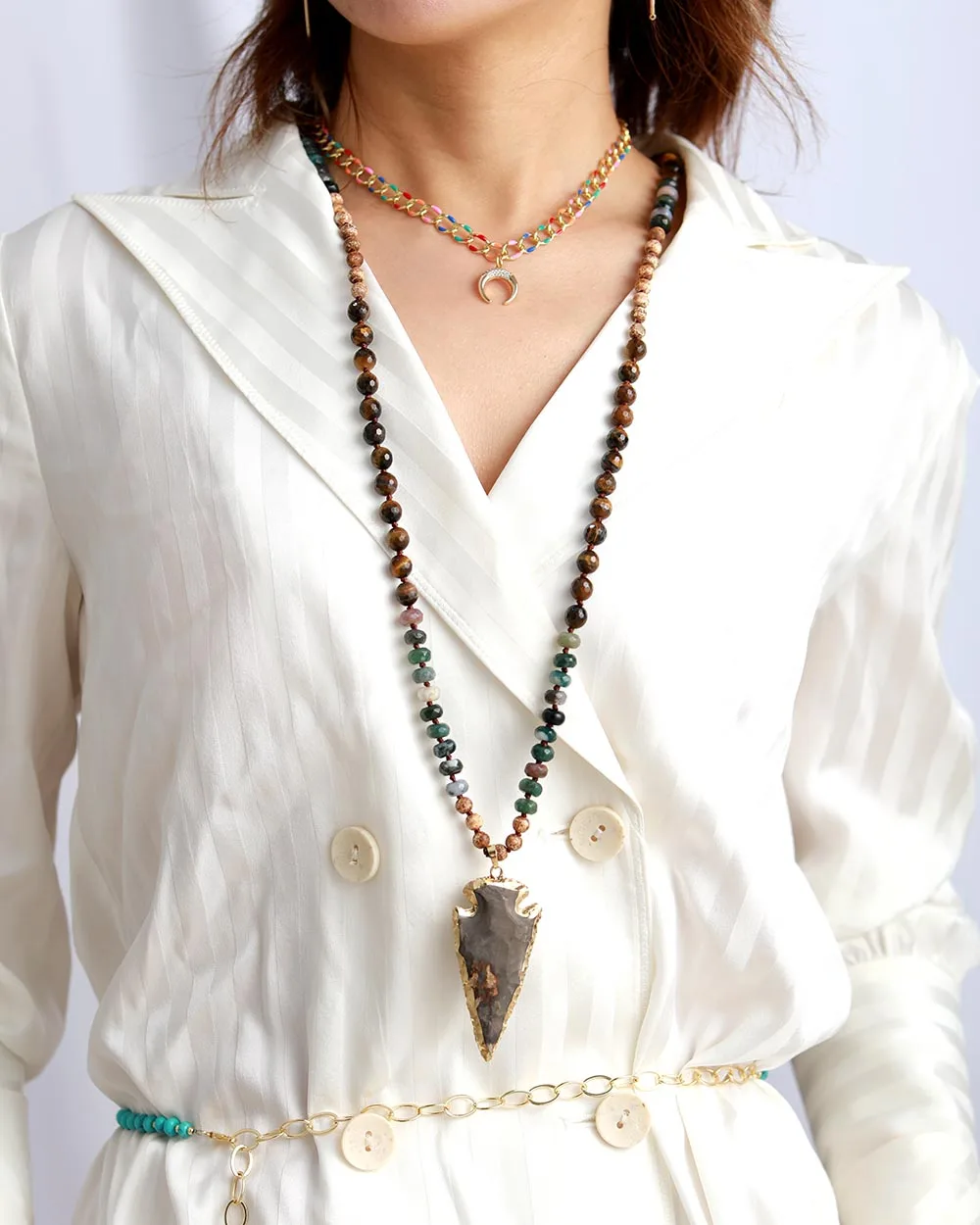 High End Tiger Eye Onyx Stone Gilded Arrowhead Pendant Necklace Women Natural Stone Bead Chain Necklace Jewelry Dropshipping - Image 2