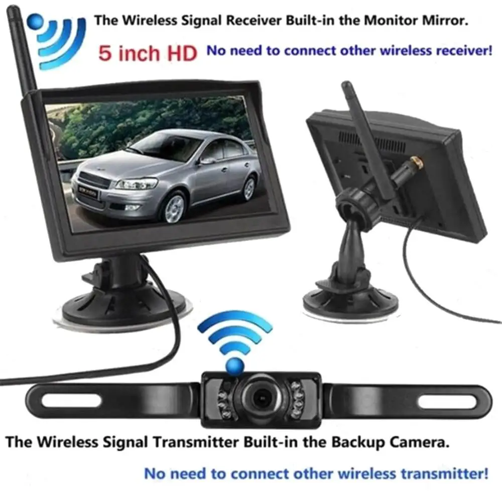 

Built-In Wireless Waterproof Night Vision System Reverse Backup Car Camera With 5" Monitor Kit Black