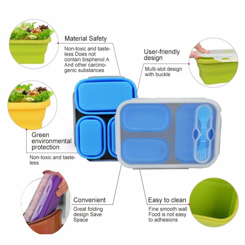 1100 мл 3 ячейки силиконовая складная коробка для завтрака кухня Складная портативная порционная коробка Bento для хранения еды контейнер для хранения экологичный Ланчбокс