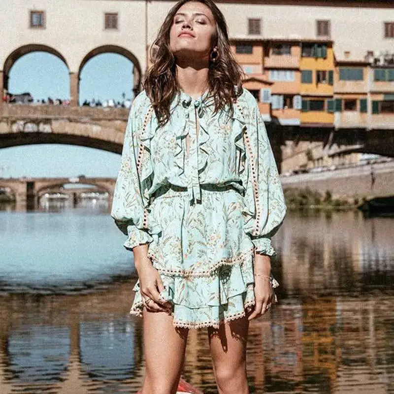 DEAT 2020 spring summer Boho Dress Rayon Turquoise Summer Dresses Mini Women Dresses Long Sleeve Party Dress Women MF482