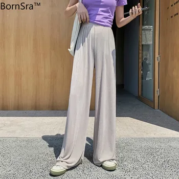 

BornSra New 2020 Women's Summer Trousers 6 Colors Straight High Elastic Waist Loose Casual Wide Leg Ankle-Length Pants