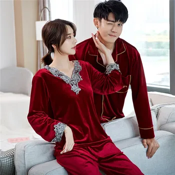 

New Couple Pajamas Set Velour 2PCS Shirt&Pants Sleepwear Autumn Sleep Set Lovers Velvet Pyjamas Suit Nightwear Casual Home Wear