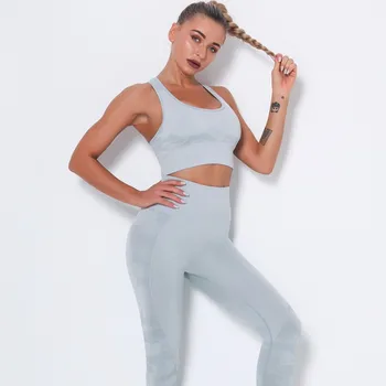 

Camouflage Set Seamless Training Set Fitness Clothes Jogging Outfit Women High Waist Elasticity Exercise Legings+Workout Bra Set