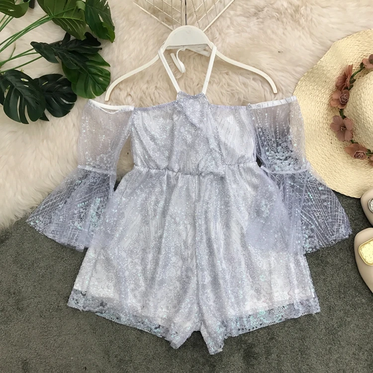 Moda feminina, модные брендовые дизайнерские женские летние комбинезоны, женские сексуальные комбинезоны с бретельками, сетчатые Кружевные Боди с открытыми плечами - Цвет: Небесно-голубой