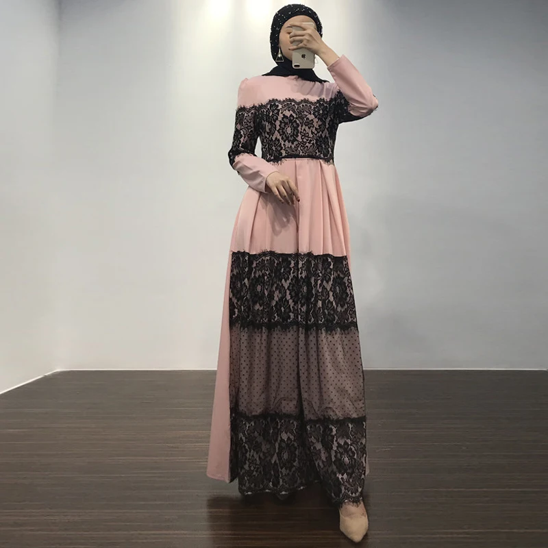 Черное кружево abaya розовый Дубайский мусульманский женское длинное платье Абая для женщин Рамадан кафтан