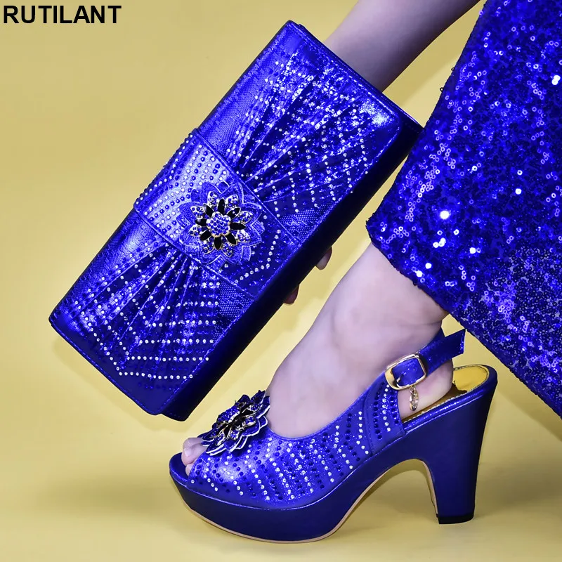

New Arrival African Party Pumps Decorated with Rhinestone Sales In Women Matching Shoes and Bag Set High Heels Open Toe Sandals