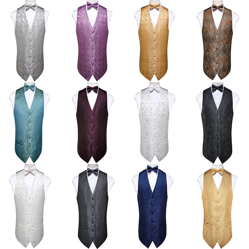 Men's Vest Gold Red White Blue Solid Paisley Silk Wedding Vest For Men Bowtie Hanky Cufflink Cravat Set for Suit Tuxedo DiBanGu