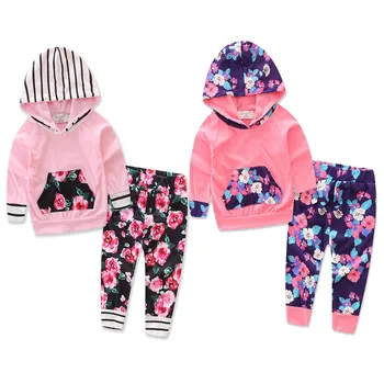 

Girls Autumn Clothes Set 2020 New European and American Long-sleeved Striped Hooded Top with Floral Trousers Long Pants Suit