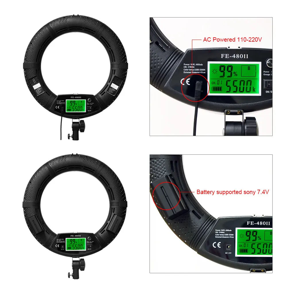 Yidoblo FE-480II Remote Control Led Ring Light Lamp Kit LCD Display 96W 5600K Led Makeup Selfie Video Studio Light for Youtube