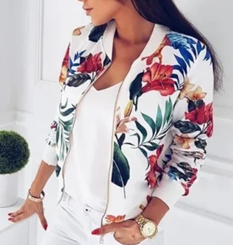 

New Autumn Print Bomber Jacket Women Flowers Zipper Floral Coat Long Sleeve Basic Plus Size Short Biker Coats and Jackets Women