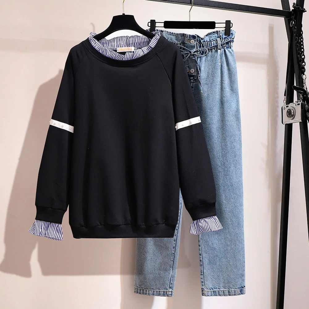 

200 Ultra-Large Size Dress Fat Mm2019 Early Autumn Thick Hoodie Wide-Leg Cowboy Trousers Slimming Leisure Suit