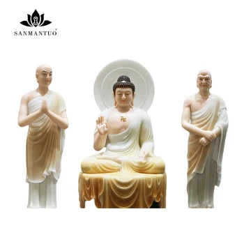 

Buddhist supplies Statue of three saints decorated with white jade guan yin statue