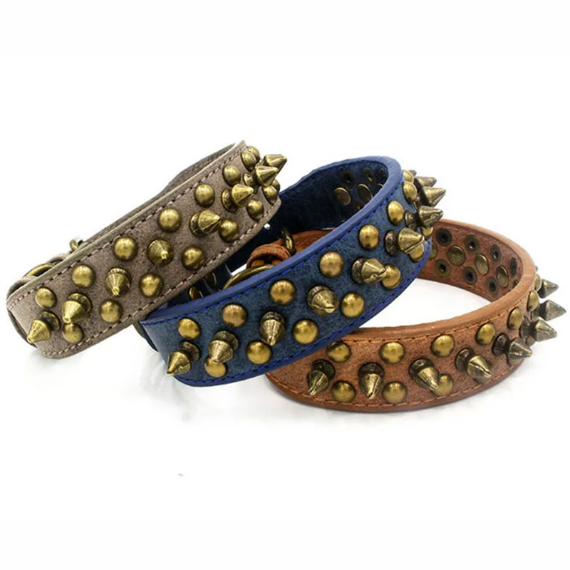 Adjustable Leather Spiked Studded Dog Collars for Small Medium Large Pets Anti-Bite Retro Style Pit Bull Bulldog Boxer Collar