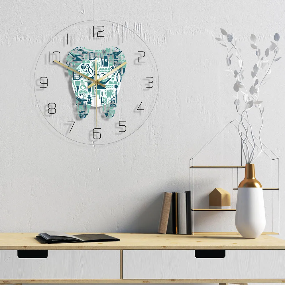 Dentistry Tooth Wall Clock Dental Care Symbols Acrylic Hanging Clock Quiet Movement Wall Watch Dental Department Decor Wall Sign 4