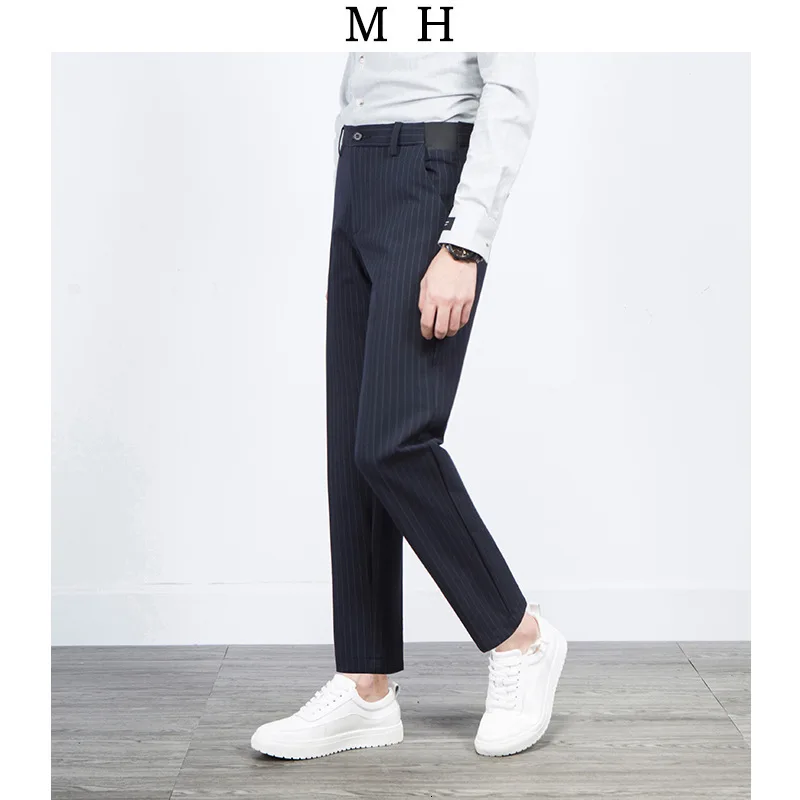 Navy Blue EWQ/полосатый костюм брюки для мужчин новые модные брюки самомоднейшие Умные повседневные узкие брюки с карманами мужские брюки 9Y0058 - Цвет: Navy Blue