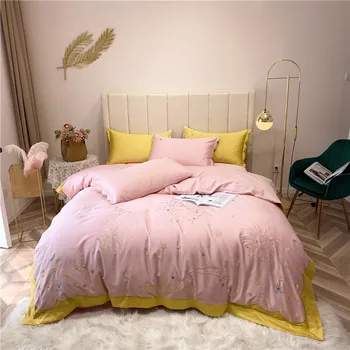 

2019 luxury pink blue yellow bedding set stars Embroidery bedlinen Bed sheet, quilt cover pillowcase 4pcs