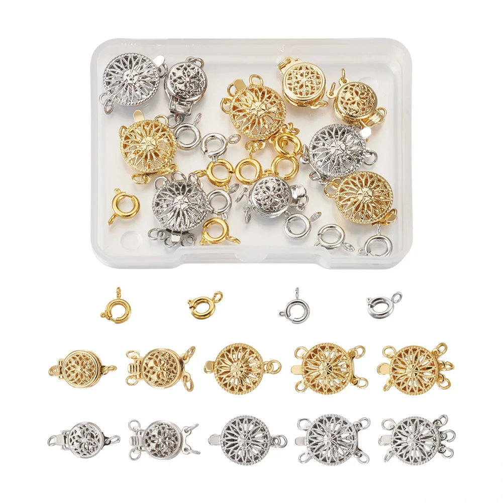 

Brass Clasp Sets, Including 10 Sets Flat Round with Flower Box Clasps and 18Pcs Spring Clasps Platinum & Golden