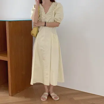 

Alien Kitty V-Neck Pleated Vintage Long Dress 2020 All Match Summer Thin Solid Office Lady Brief Sweet Short Sleeves Dresses