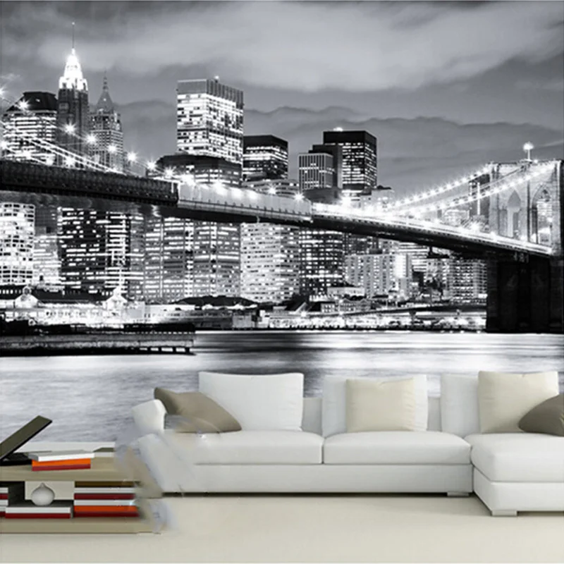 

Drop Shipping Custom Mural Night View Manhattan Bridge New York European And American Cities Black And White Backdrop Wallpaper